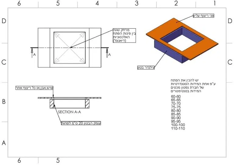 שרטוט הוראות יציקת הבטון לפני התקנת מכסים